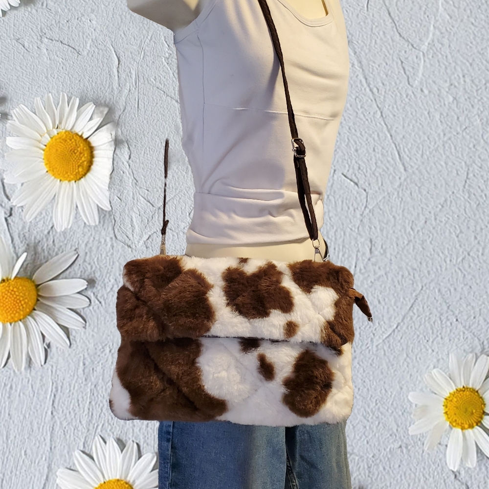 Faux Fur Cow Print Shoulder Bag Brown‎ White Plush Flap Crossbody
